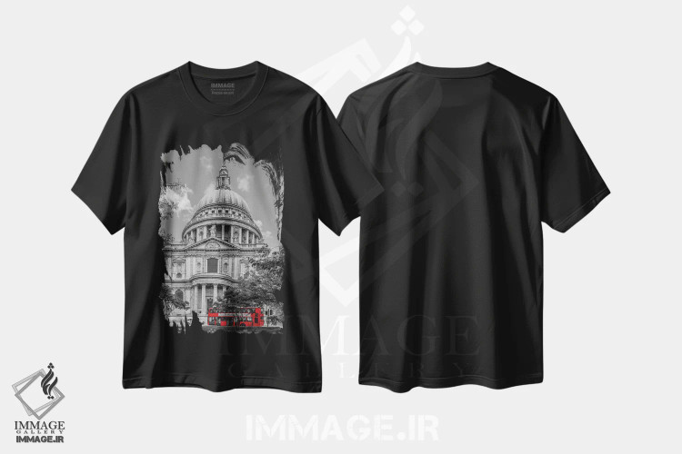 تیشرت مشکی طرح دار – تیشرت شهری ,کلیسای سنت پل لندن و اتوبوس قرمز اثر ملانی ویولا immage.ir