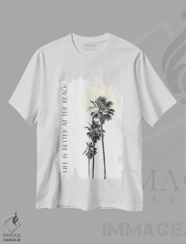تیشرت سفید طرح دار – تیشرت طبیعت ,زندگی در ساحل بهتر است | نخل ها اثر ملانی ویولا immage.ir
