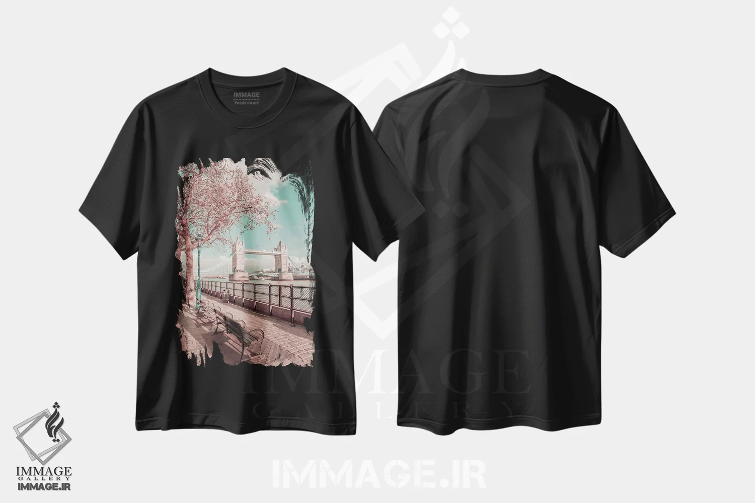 تیشرت مشکی طرح دار – تیشرت لندن ,ساحل رودخانه تیمز لندن و پل تاور اثر ملانی ویولا immage.ir
