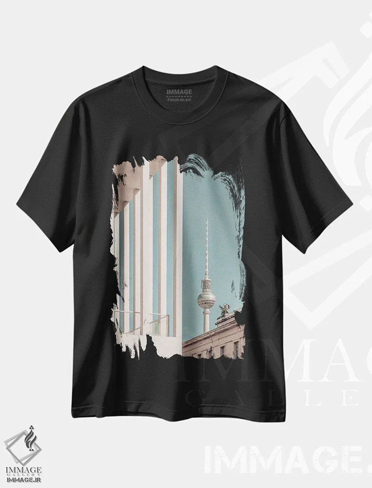 تیشرت مشکی طرح دار – تیشرت معماری ,برج تلویزیون و جزیره موزه برلین اثر ملانی ویولا immage.ir