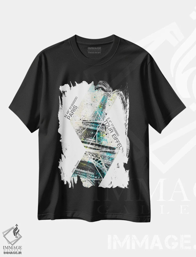تیشرت مشکی طرح دار – تیشرت تایپوگرافی ,مختصات برج ایفل مدرن اثر ملانی ویولا فروشگاه ایماژ