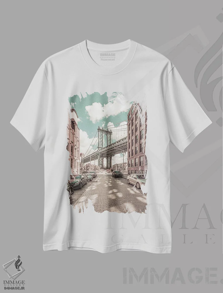 تیشرت سفید طرح دار – تیشرت شهری ,پل منهتن نیویورک اثر ملانی ویولا فروشگاه ایماژ