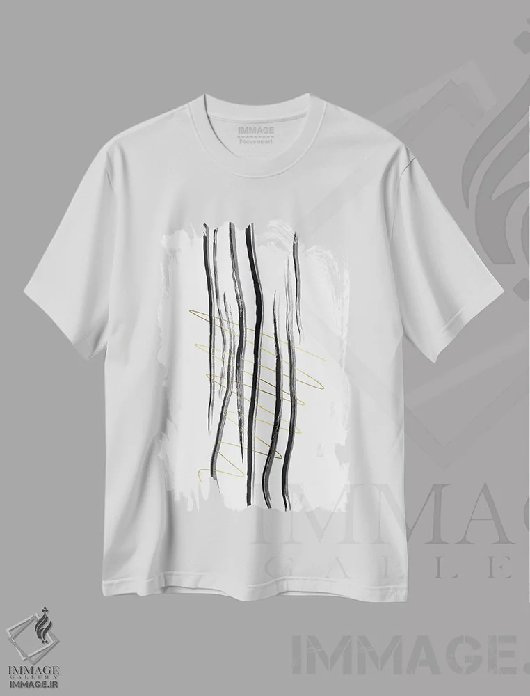 تیشرت سفید طرح دار – تیشرت هندسی ,خطوط دکو شماره دو اثر ملانی ویولا فروشگاه ایماژ