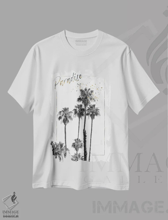 تیشرت سفید طرح دار – تیشرت طبیعت ,تصویری از نخل ها اثر ملانی ویولا immage.ir