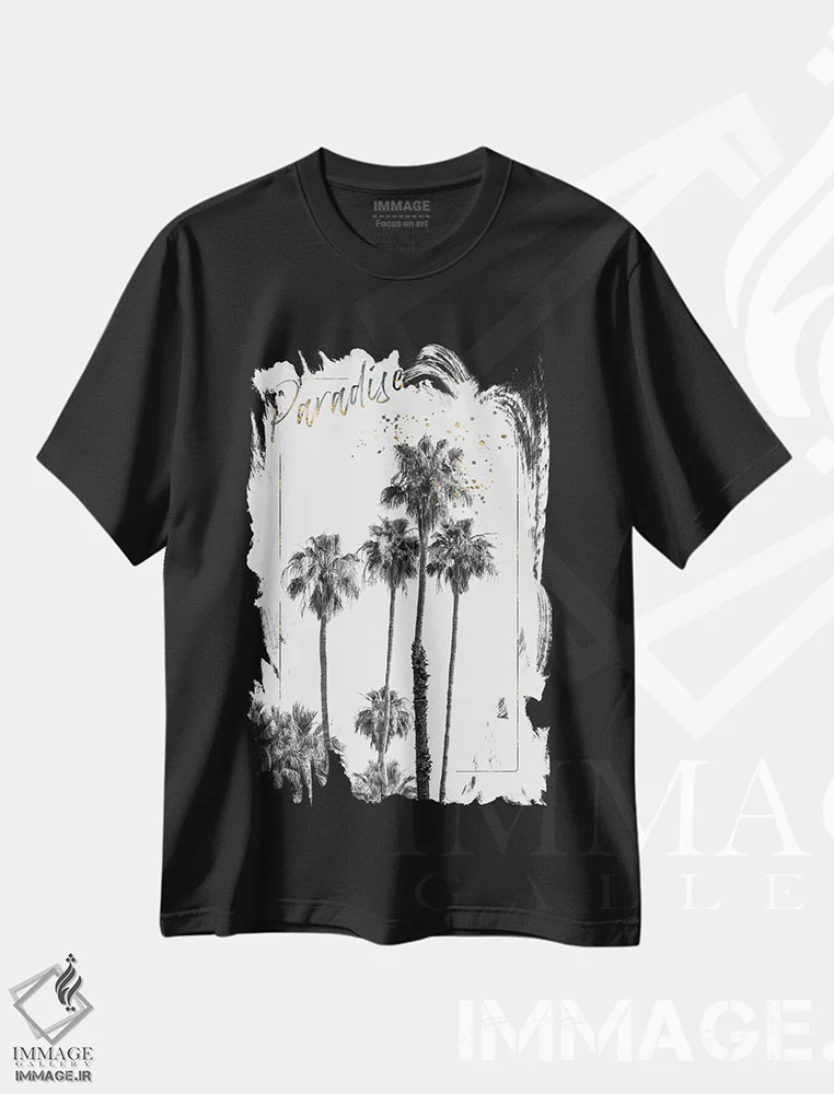 تیشرت مشکی طرح دار – تیشرت طبیعت ,تصویری از نخل ها اثر ملانی ویولا فروشگاه ایماژ