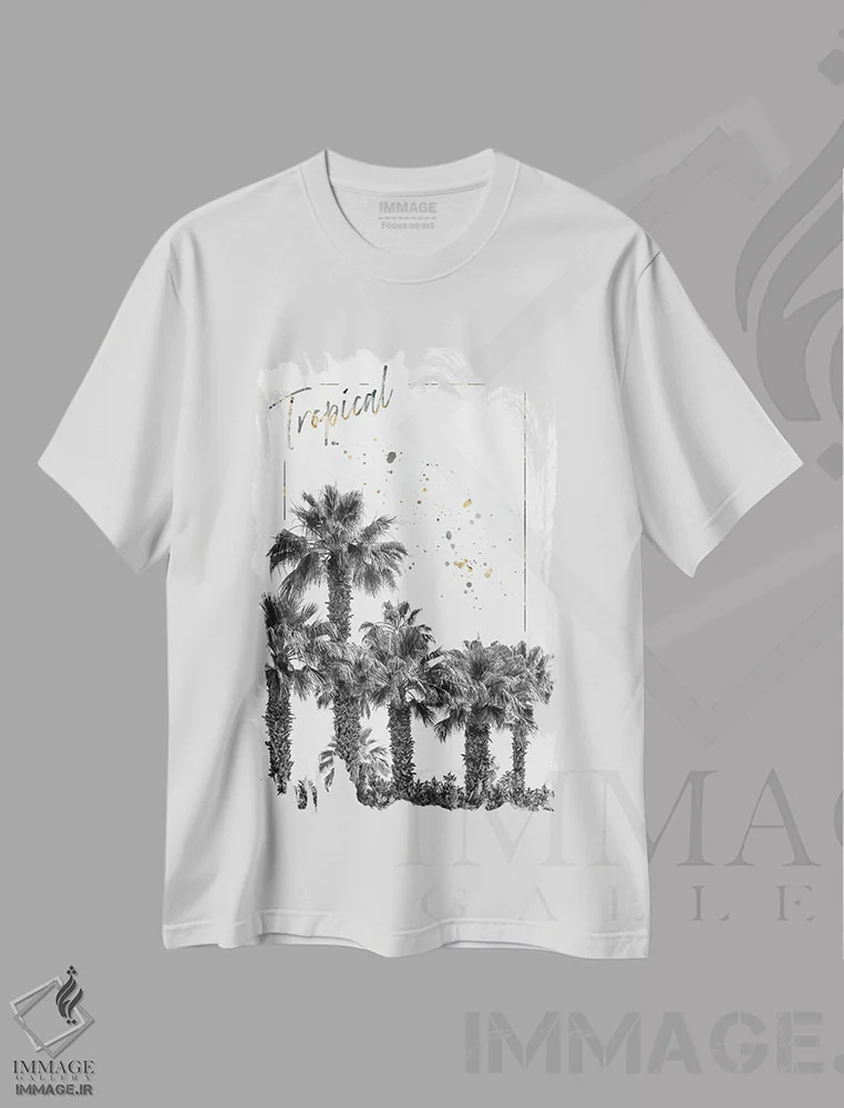 تیشرت سفید طرح دار – تیشرت طبیعت ,تصویری از نخل ها اثر ملانی ویولا immage.ir