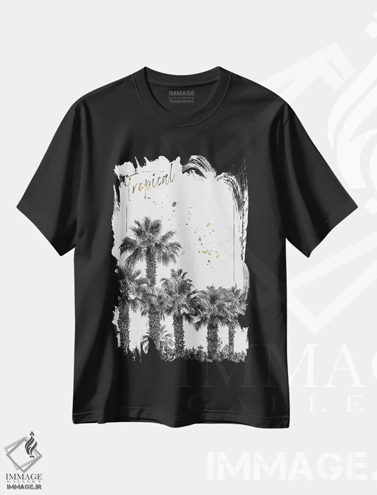 تیشرت مشکی طرح دار – تیشرت طبیعت ,تصویری از نخل ها اثر ملانی ویولا فروشگاه ایماژ