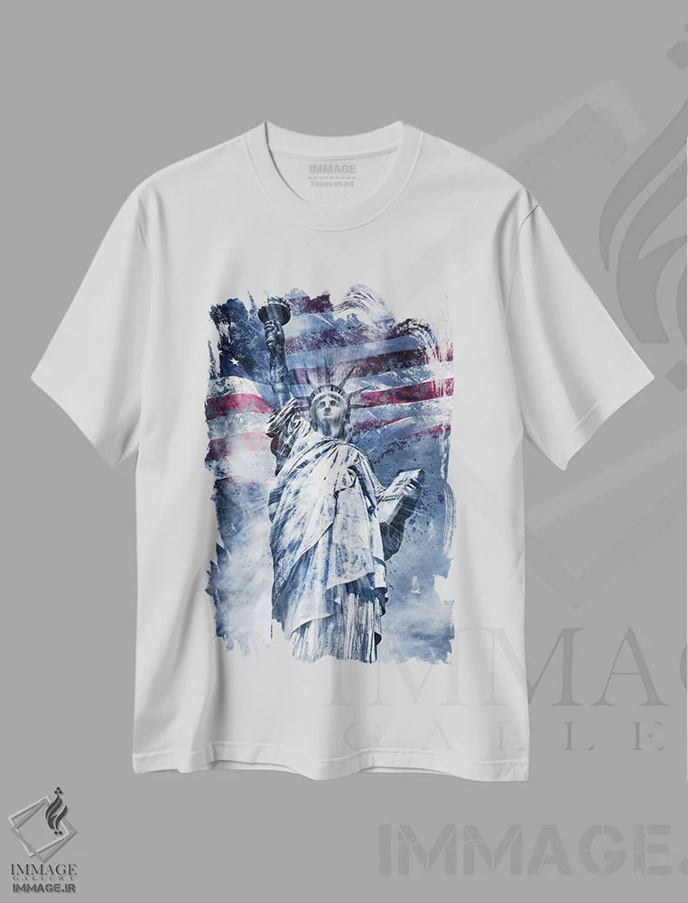 تیشرت سفید طرح دار – تیشرت شهری ,مجسمه آزادی مدرن اثر ملانی ویولا immage.ir