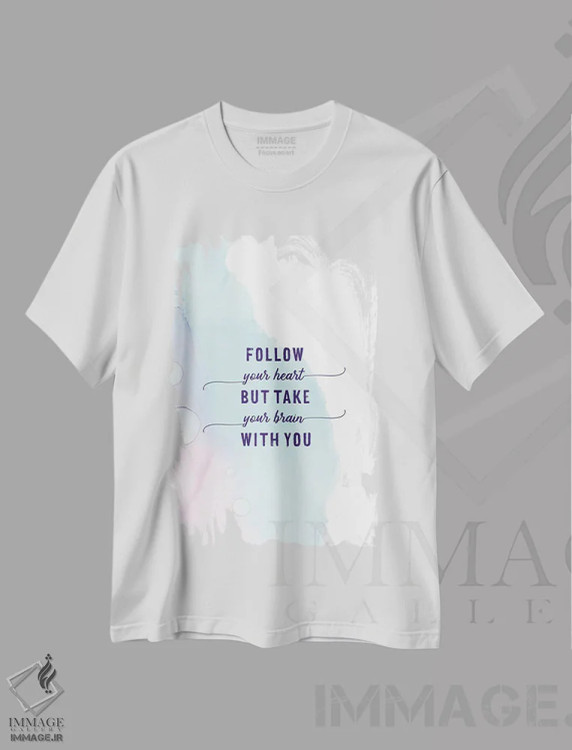 تیشرت سفید طرح دار – تیشرت طنز هنری ,دنبال دلت برو | رنگ های شناور اثر ملانی ویولا immage.ir