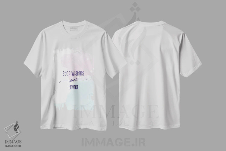 تیشرت سفید طرح دار – تیشرت انگیزشی ,آرزو کردن را کنار بگذار و عمل کن | رنگ های شناور اثر ملانی ویولا immage.ir