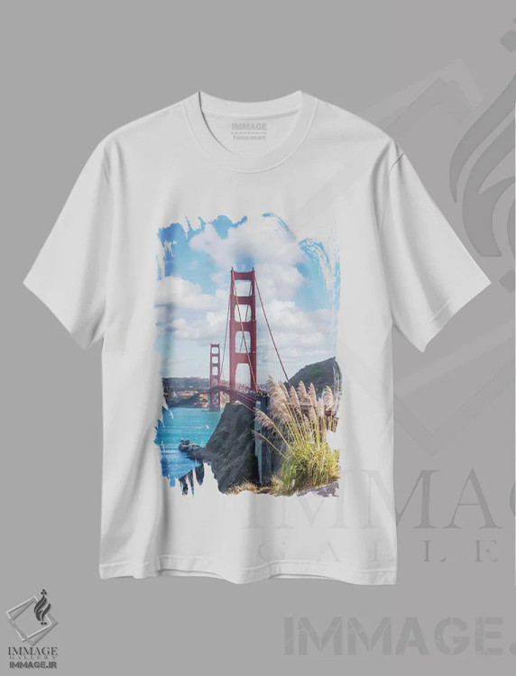 تیشرت سفید طرح دار – تیشرت معماری ,پل معروف گلدن گیت اثر ملانی ویولا فروشگاه ایماژ