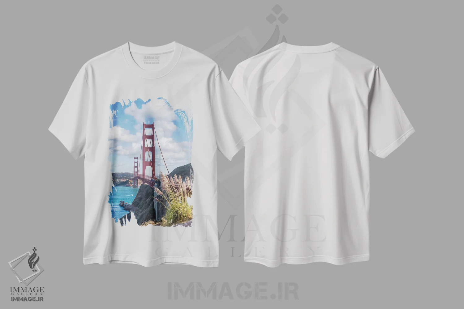 تیشرت سفید طرح دار – تیشرت معماری ,پل معروف گلدن گیت اثر ملانی ویولا فروشگاه ایماژ