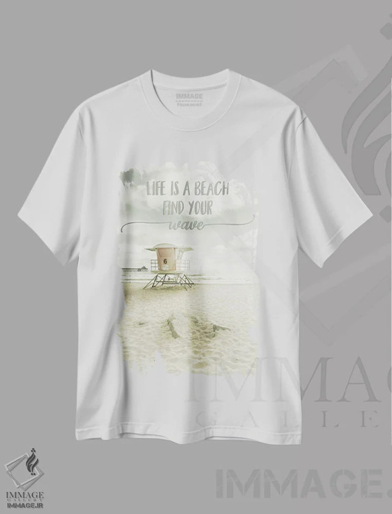 تیشرت سفید طرح دار – تیشرت ساحلی ,زندگی یک ساحل است؛ موج خود را پیدا کن | منظره ساحلی اثر ملانی ویولا فروشگاه ایماژ