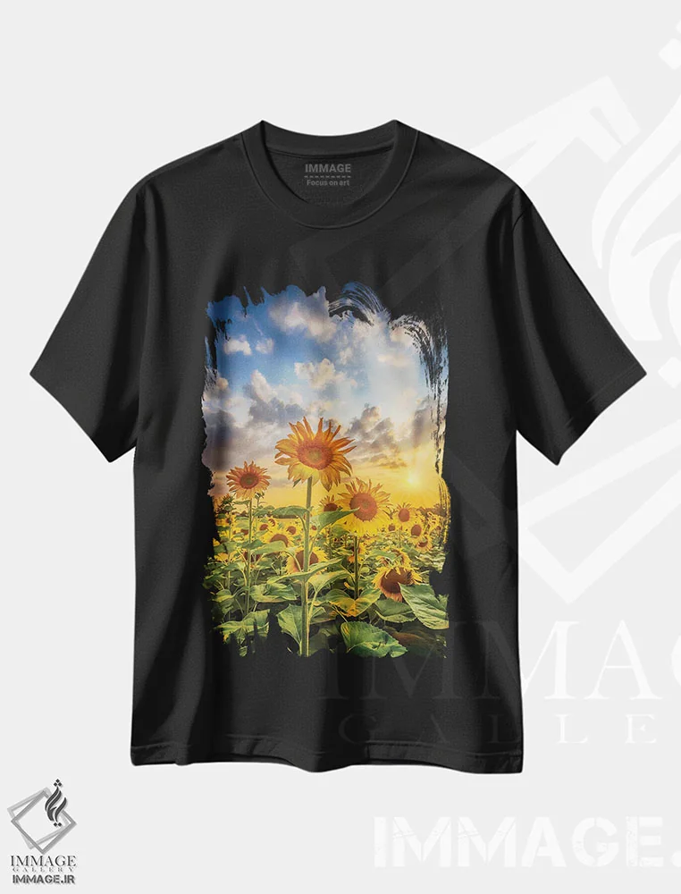 تیشرت مشکی طرح دار – تیشرت گلدار ,مزرعه آفتابگردان هنگام غروب اثر ملانی ویولا immage.ir