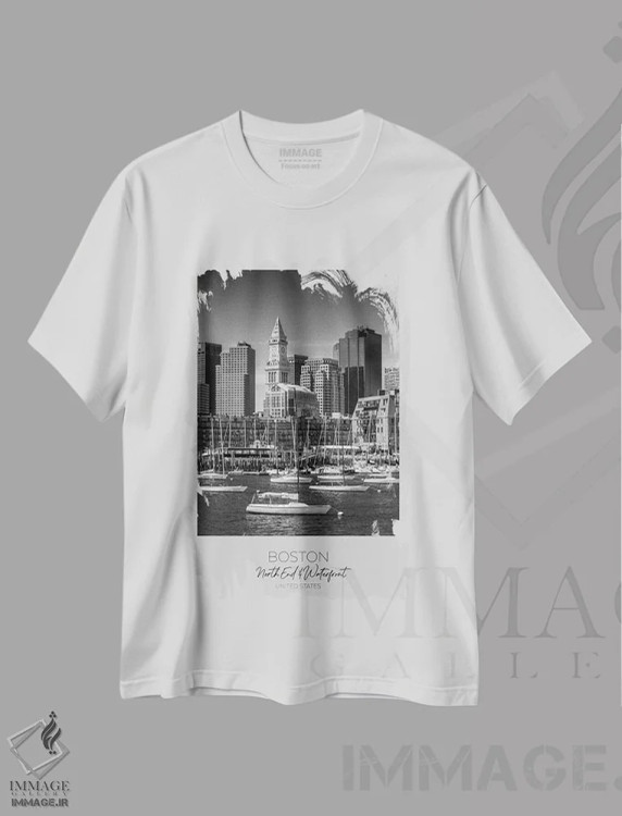 تیشرت سفید طرح دار – تیشرت منظره ,در کانون توجه: خط افق شمال شهر و اسکله بوستون اثر ملانی ویولا فروشگاه ایماژ