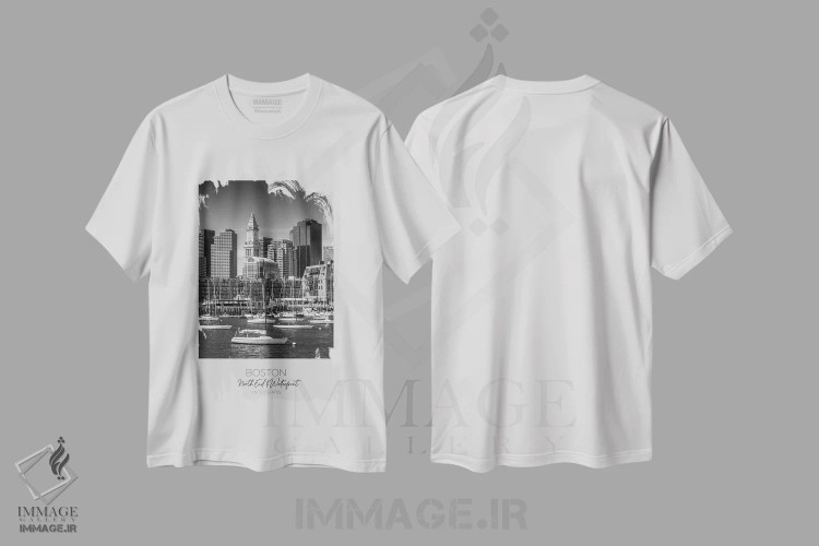 تیشرت سفید طرح دار – تیشرت منظره ,در کانون توجه: خط افق شمال شهر و اسکله بوستون اثر ملانی ویولا فروشگاه ایماژ