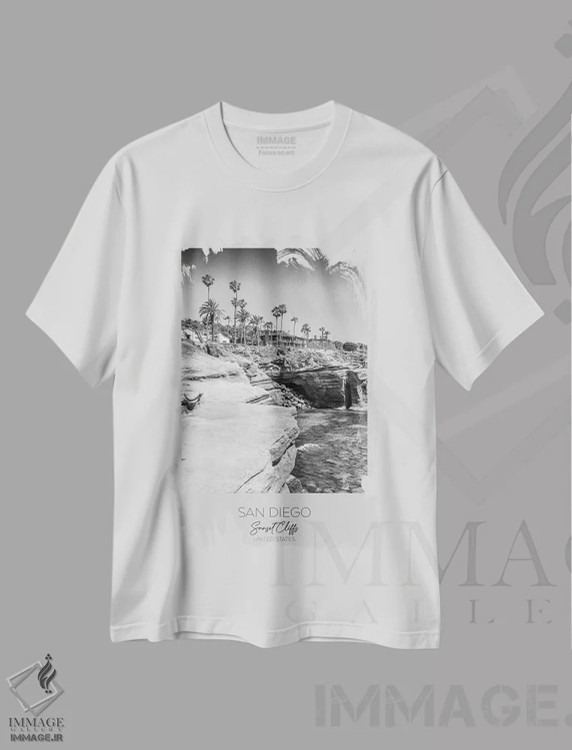 تیشرت سفید طرح دار – تیشرت ساحلی ,در کانون توجه: صخره های غروب سن دیگو اثر ملانی ویولا immage.ir