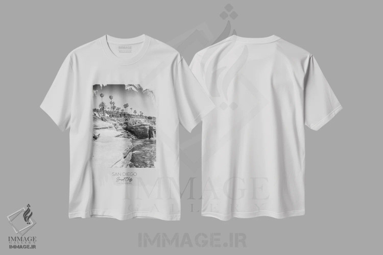 تیشرت سفید طرح دار – تیشرت ساحلی ,در کانون توجه: صخره های غروب سن دیگو اثر ملانی ویولا immage.ir