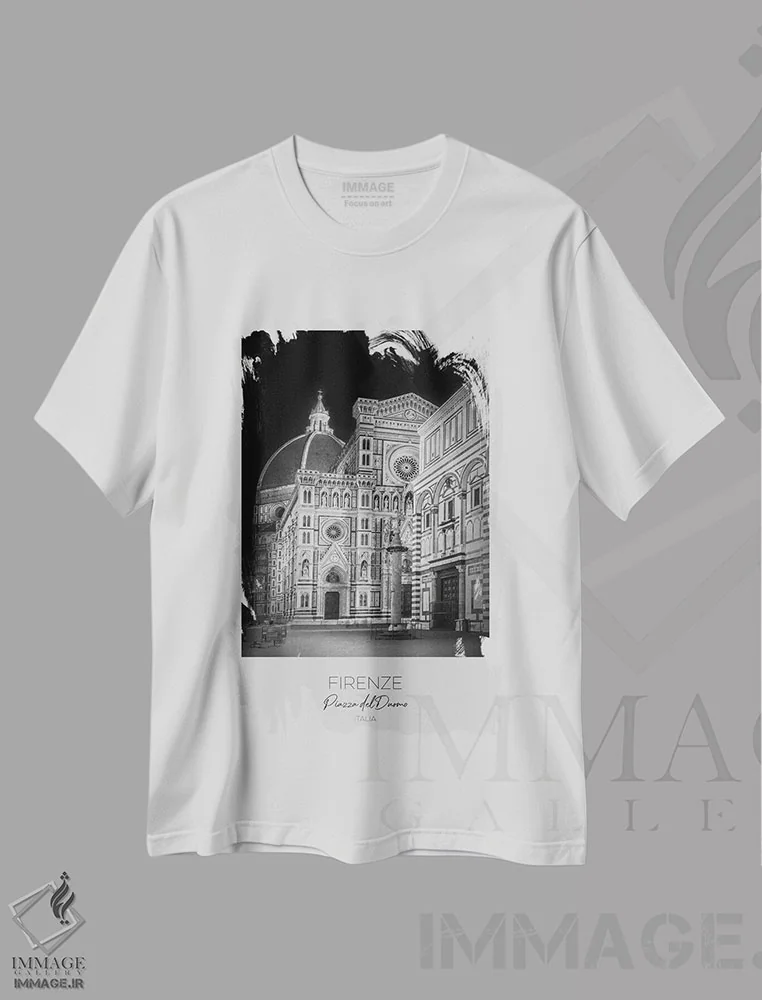 تیشرت سفید طرح دار – تیشرت هنری معماری ,در کانون توجه: کلیسای جامع فلورانس و غسل تعمیدگاه اثر ملانی ویولا فروشگاه ایماژ