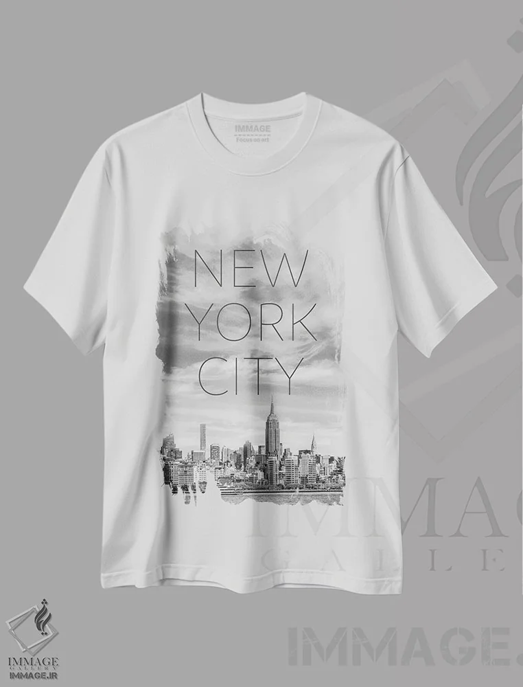 تیشرت سفید طرح دار – تیشرت شهری ,متن و چشم انداز آسمان خراش های منهتن میانی نیویورک اثر ملانی ویولا immage.ir
