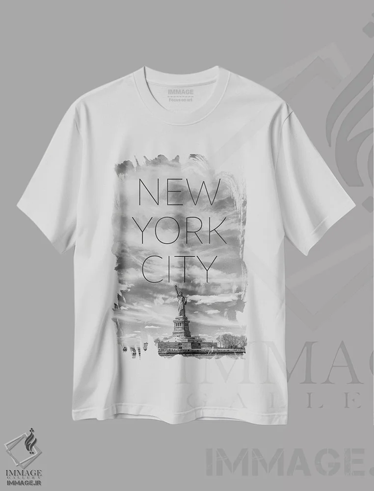 تیشرت سفید طرح دار – تیشرت نیویورک ,مجسمه آزادی نیویورک با متن و نمای آسمان خراش ها اثر ملانی ویولا فروشگاه ایماژ