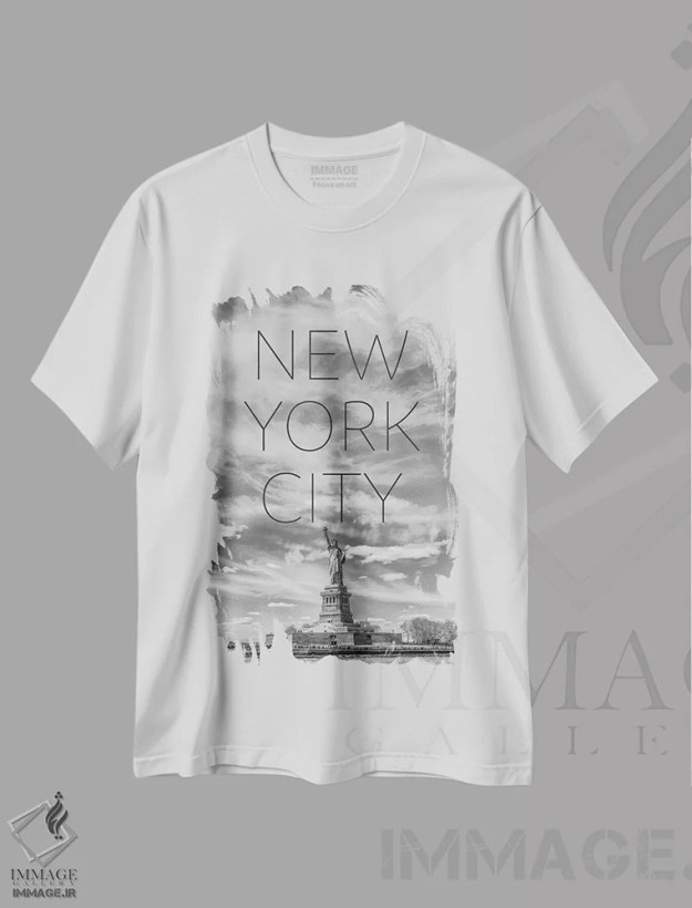 تیشرت سفید طرح دار – تیشرت نیویورک ,مجسمه آزادی نیویورک با متن و نمای آسمان خراش ها اثر ملانی ویولا فروشگاه ایماژ