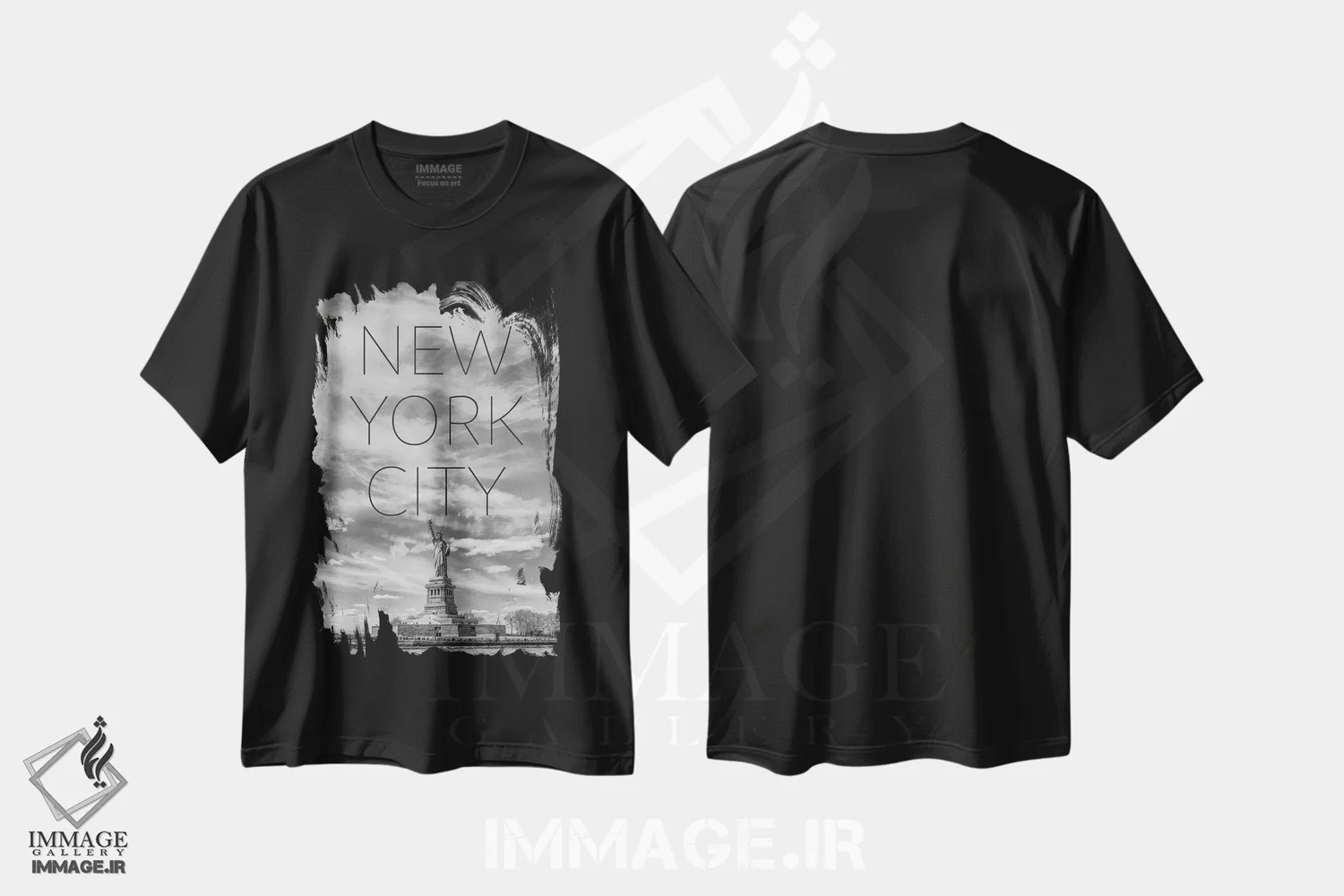 تیشرت مشکی طرح دار – تیشرت نیویورک ,مجسمه آزادی نیویورک با متن و نمای آسمان خراش ها اثر ملانی ویولا immage.ir