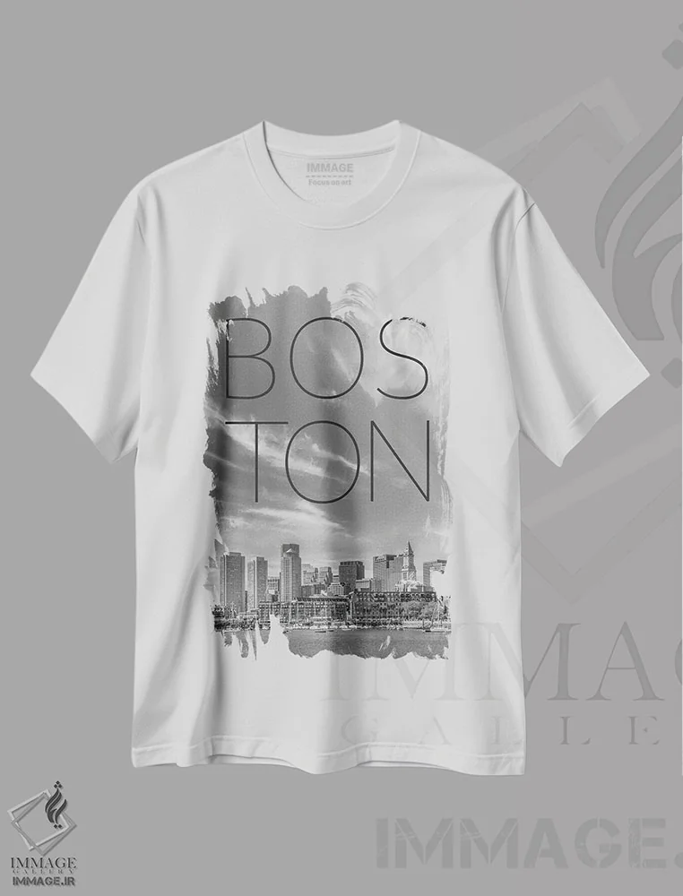 تیشرت سفید طرح دار – تیشرت شهری ,نمای آسمان خراش های بوستون، منطقه مالی و نورث اند با متن اثر ملانی ویولا فروشگاه ایماژ