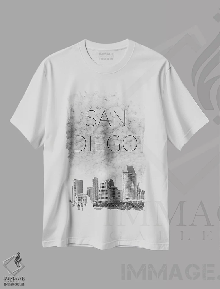 تیشرت سفید طرح دار – تیشرت شهری ,متن و نمای آسمان خراش های سن دیگو اثر ملانی ویولا فروشگاه ایماژ