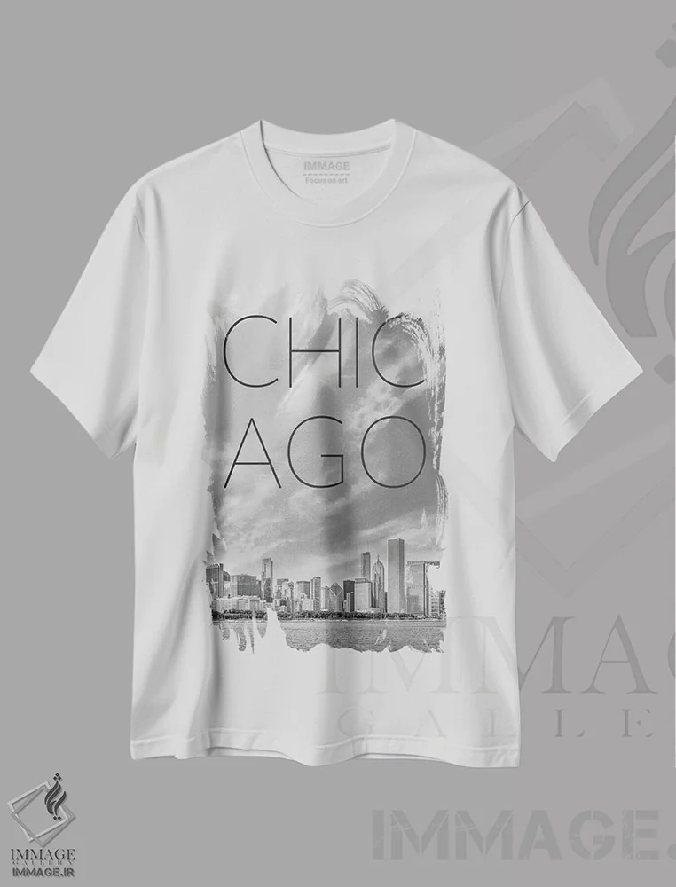 تیشرت سفید طرح دار – تیشرت شهری ,متن و نمای آسمان خراش های شیکاگو اثر ملانی ویولا immage.ir