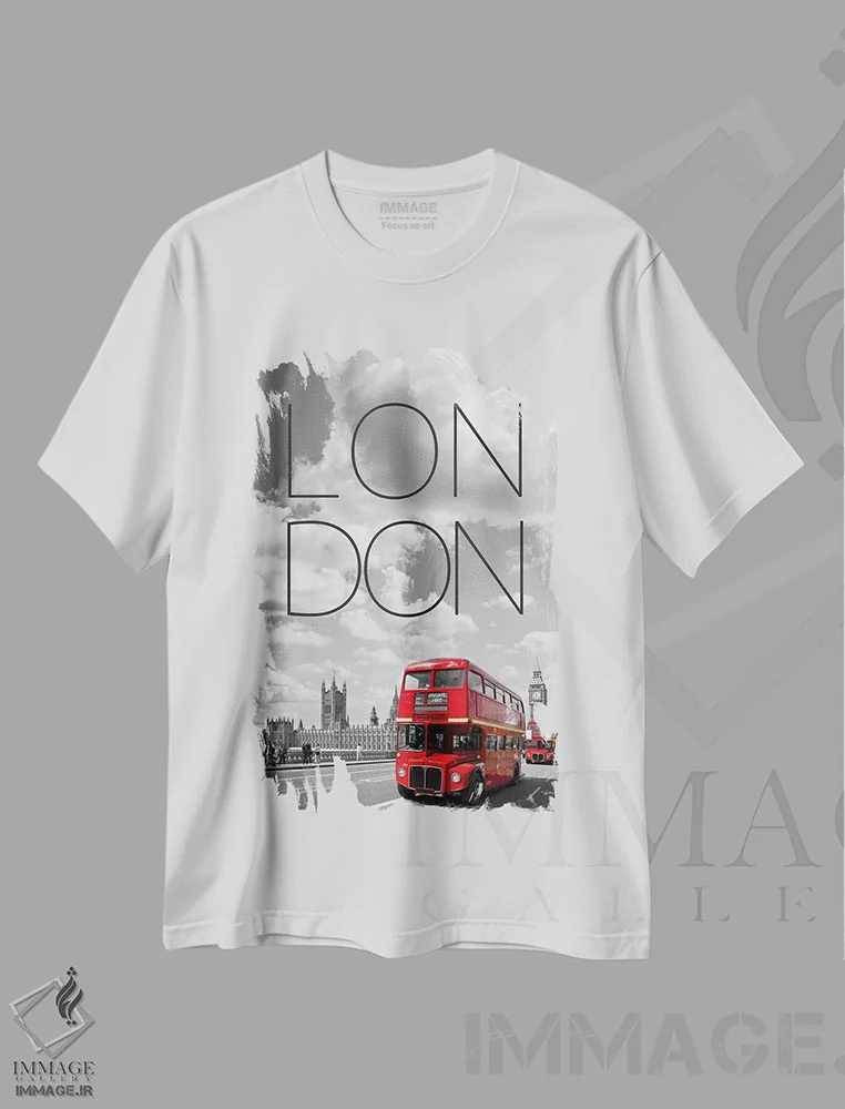 تیشرت سفید طرح دار – تیشرت شهری ,اتوبوس های قرمز لندن با متن و چشم انداز اثر ملانی ویولا فروشگاه ایماژ