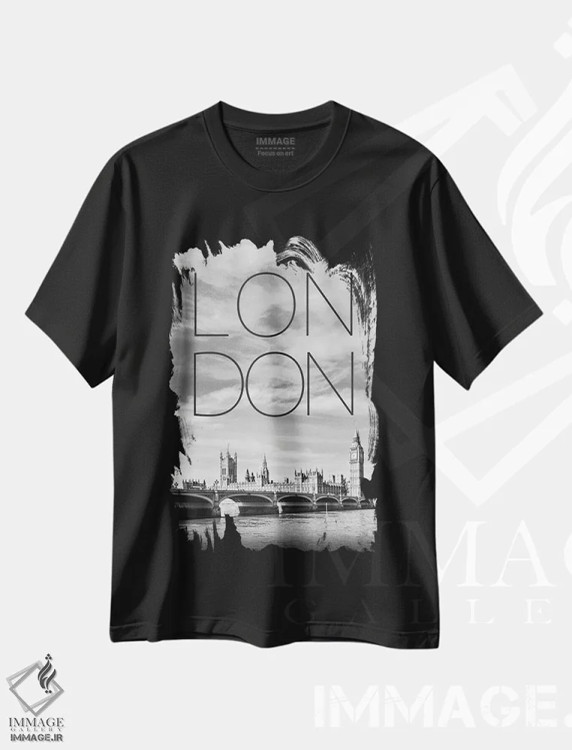 تیشرت مشکی طرح دار – تیشرت معماری ,پل وست مینستر لندن با متن و نمای آسمان خراش ها اثر ملانی ویولا فروشگاه ایماژ