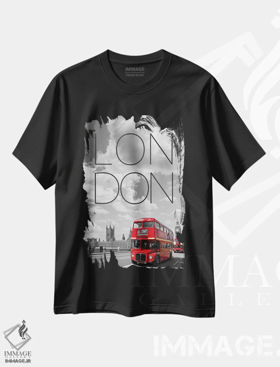 تیشرت مشکی طرح دار – تیشرت شهری ,اتوبوس های قرمز لندن با متن و چشم انداز اثر ملانی ویولا immage.ir