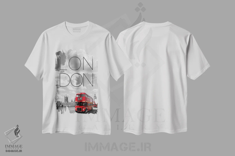 تیشرت سفید طرح دار – تیشرت شهری ,اتوبوس های قرمز لندن با متن و چشم انداز اثر ملانی ویولا فروشگاه ایماژ