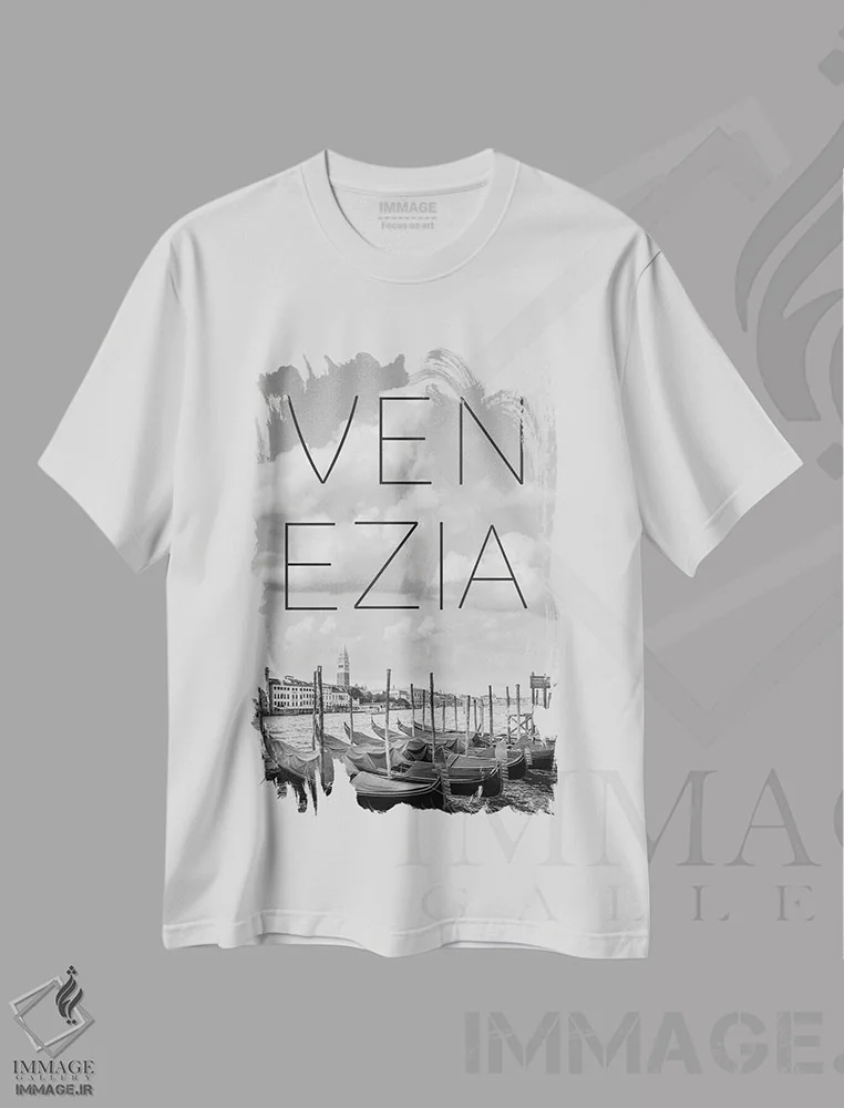 تیشرت سفید طرح دار – تیشرت طبیعت ,کانال بزرگ و برج ناقوس سن مارک ونیز با متن و چشم انداز اثر ملانی ویولا فروشگاه ایماژ