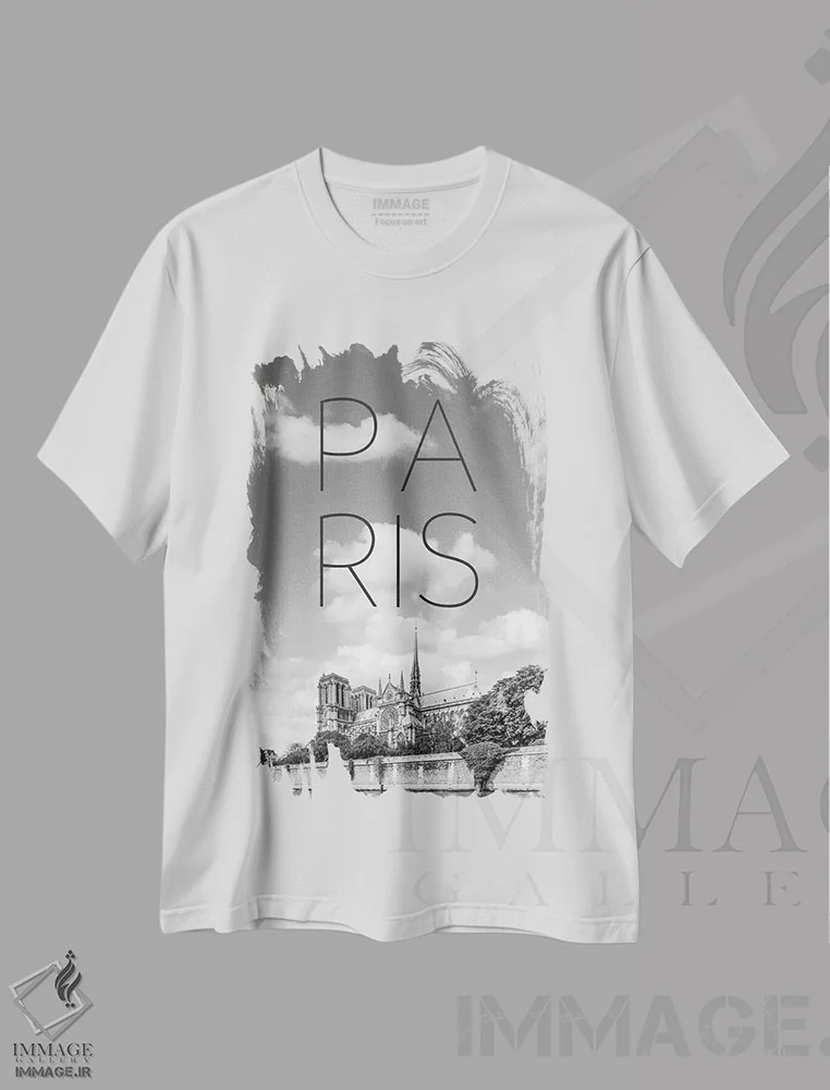 تیشرت سفید طرح دار – تیشرت معماری ,کلیسای نوتردام پاریس با متن و نمای شهر اثر ملانی ویولا immage.ir