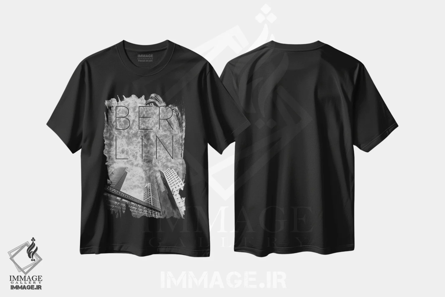 تیشرت مشکی طرح دار – تیشرت شهری ,پلاتس پوتسدامر برلین با متن و نمای آسمان خراش ها اثر ملانی ویولا immage.ir