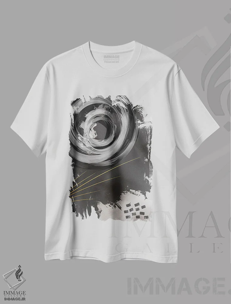 تیشرت سفید طرح دار – تیشرت انتزاعی هندسی ,نقاشی انتزاعی شماره : گرداب اثر ملانی ویولا فروشگاه ایماژ