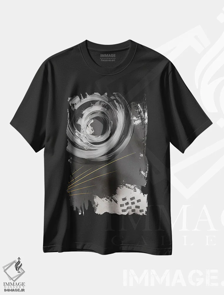 تیشرت مشکی طرح دار – تیشرت انتزاعی هندسی ,نقاشی انتزاعی شماره : گرداب اثر ملانی ویولا immage.ir