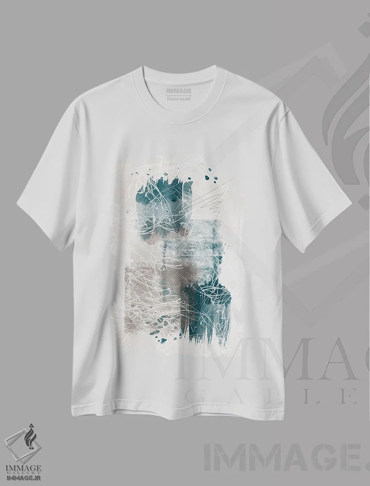 تیشرت سفید طرح دار – تیشرت هنری ,انتزاعی آبرنگی شماره اثر ملانی ویولا فروشگاه ایماژ
