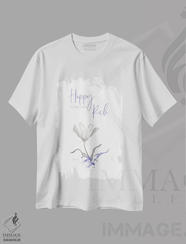 تیشرت سفید طرح دار – تیشرت مینیمال ,خوشبختی ثروت جدید است اثر ملانی ویولا immage.ir