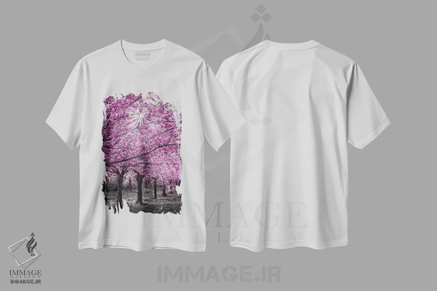 تیشرت سفید طرح دار – تیشرت گیاهی ,شکوفه های گیلاس زیر نور خورشید اثر ملانی ویولا فروشگاه ایماژ