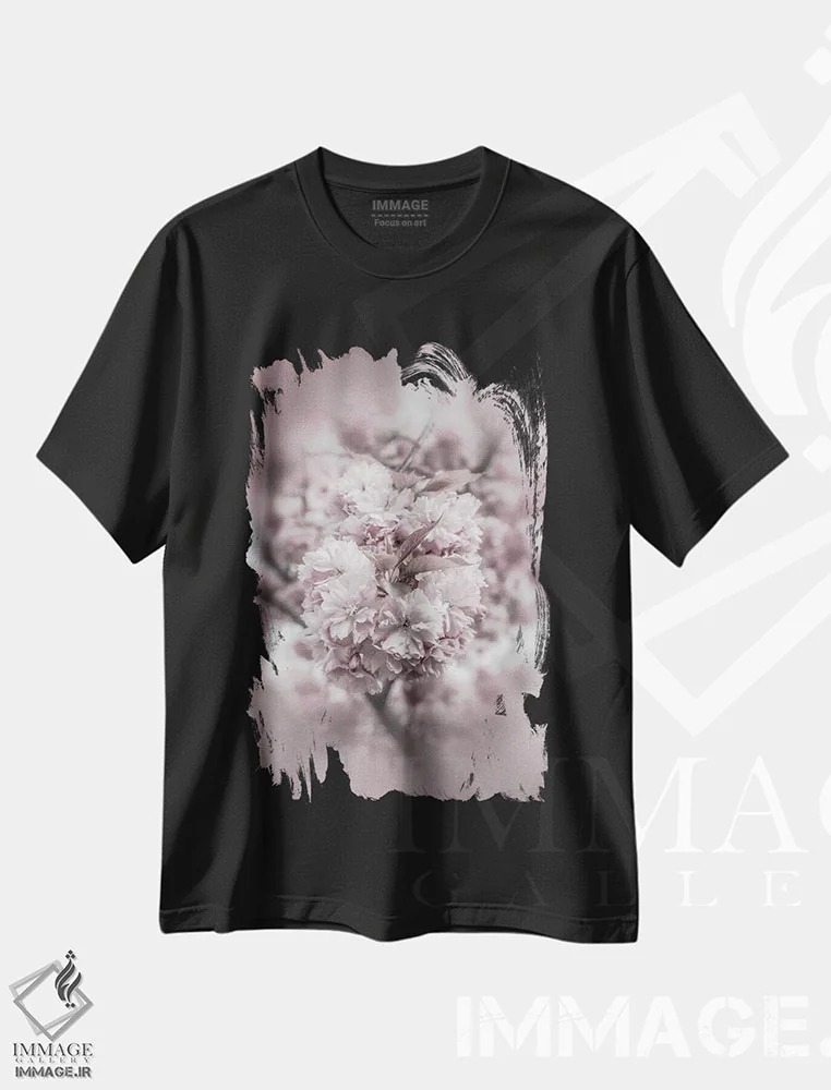 تیشرت مشکی طرح دار – تیشرت طبیعت ,شکوفه های گیلاس اثر ملانی ویولا فروشگاه ایماژ