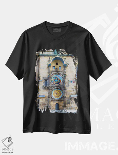تیشرت مشکی طرح دار – تیشرت گرافیکی ,ساعت نجومی پراگ اثر ملانی ویولا فروشگاه ایماژ