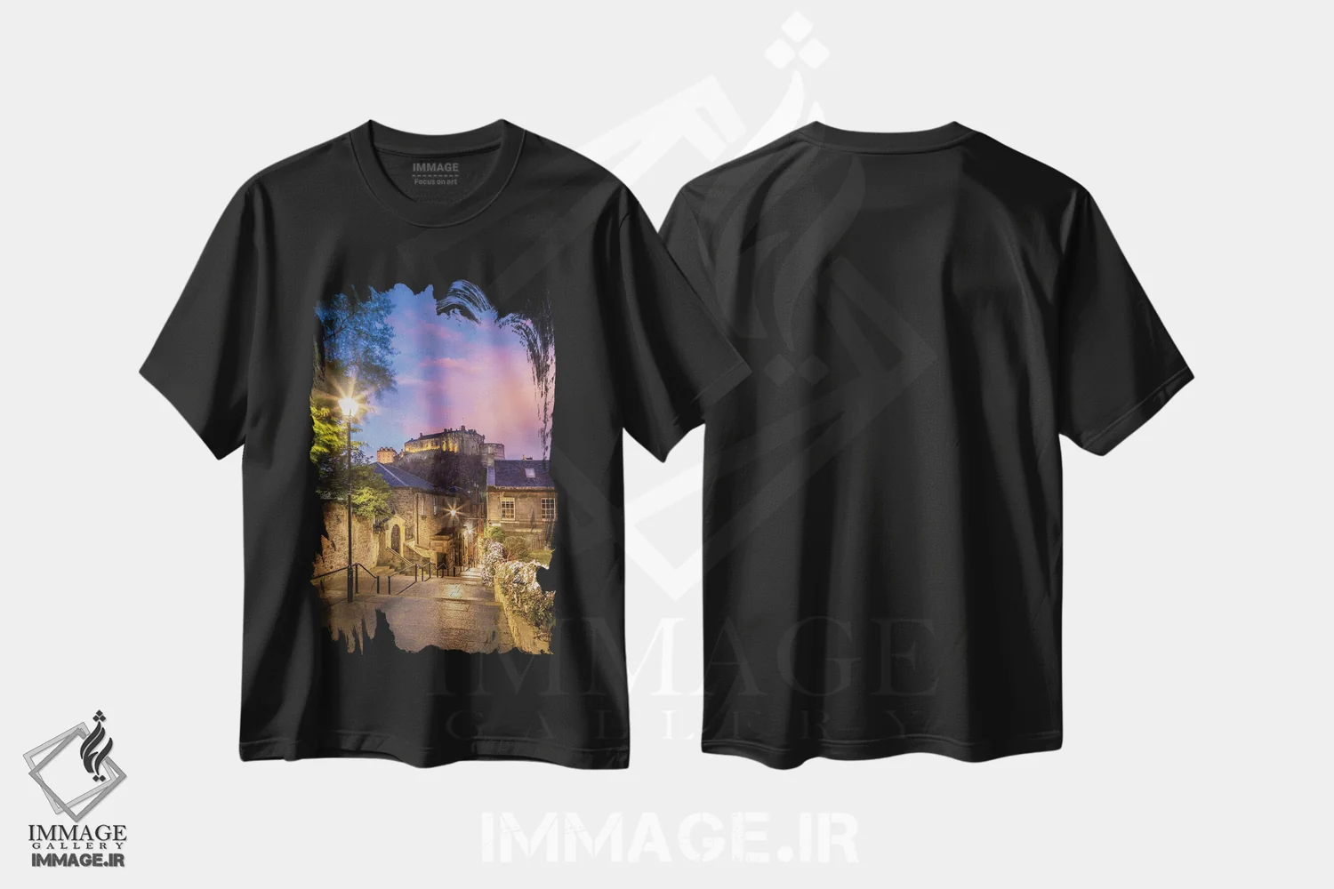 تیشرت مشکی طرح دار – تیشرت طبیعت ,غروب دل انگیز قلعه ادینبورگ اثر ملانی ویولا immage.ir
