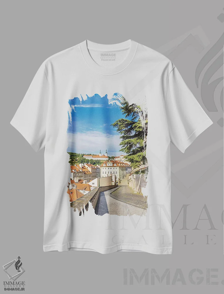 تیشرت سفید طرح دار – تیشرت شهری ,نمای صومعه استراهوف از کوچه Ke Hradu در پراگ اثر ملانی ویولا فروشگاه ایماژ