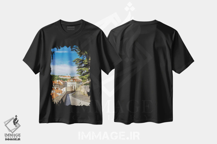 تیشرت مشکی طرح دار – تیشرت شهری ,نمای صومعه استراهوف از کوچه Ke Hradu در پراگ اثر ملانی ویولا immage.ir