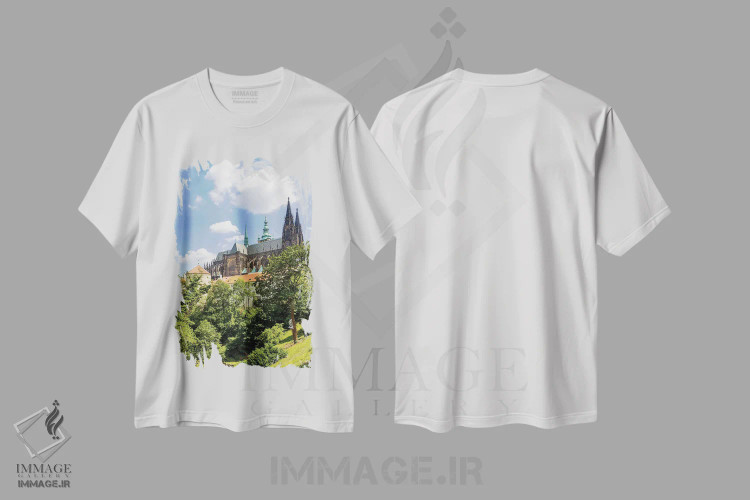 تیشرت سفید طرح دار – تیشرت شهری ,کلیسای سنت ویتوس همراه محوطه قلعه پراگ و خندق گوزن اثر ملانی ویولا immage.ir