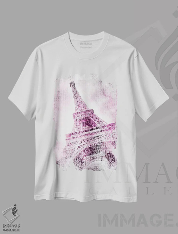 تیشرت سفید طرح دار – تیشرت هنری ,برج ایفل پاریس با آبرنگ صورتی اثر ملانی ویولا فروشگاه ایماژ
