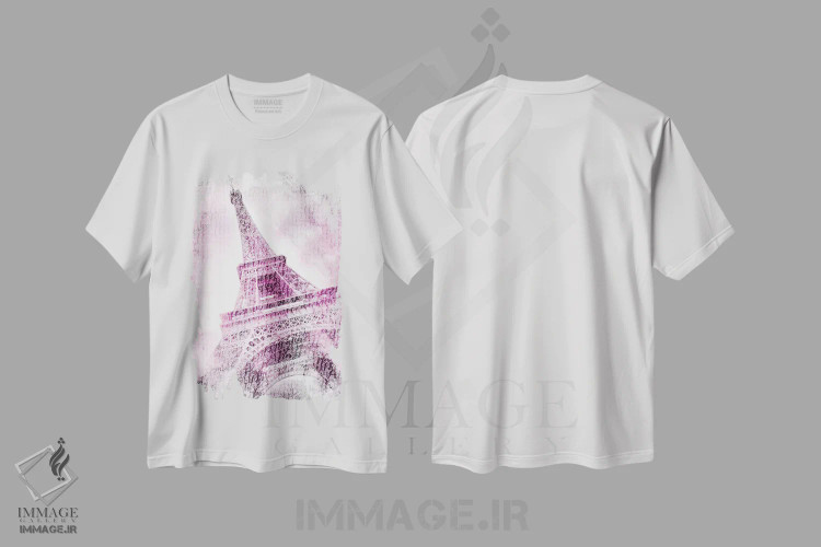 تیشرت سفید طرح دار – تیشرت هنری ,برج ایفل پاریس با آبرنگ صورتی اثر ملانی ویولا فروشگاه ایماژ